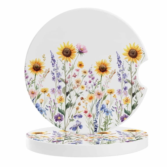 2 Pack Car Coasters Sunflower Ceramic Car Cup Holder Coaster Wildflower Plant Absorbent Drink Coasters Protects Interior from Spills, Car Interior Accessories