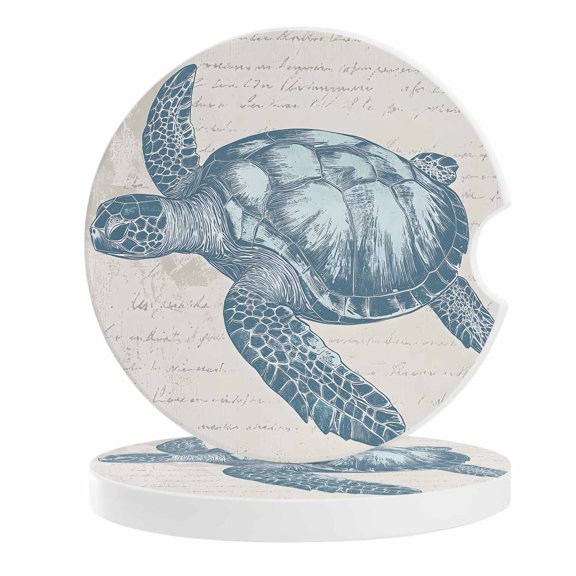 2 Pack Car Coasters Teal Blue Turtle Ceramic Car Cup Holder Coaster Vintage Beige Absorbent Drink Coasters Protects Interior from Spills, Car Interior Accessories