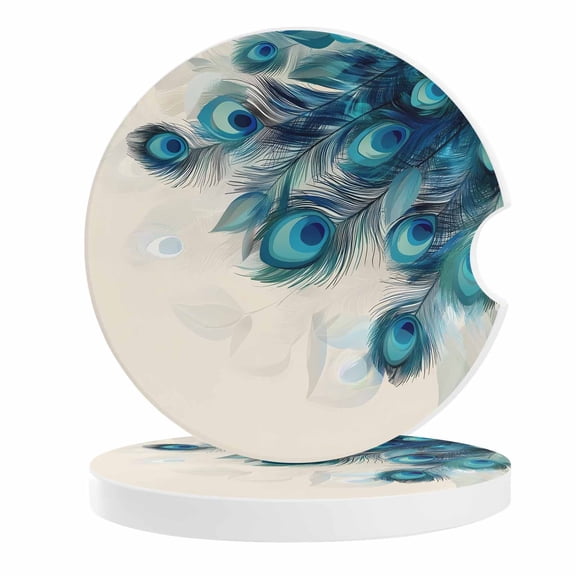 2 Pack Car Coasters Teal Peacock Feather Ceramic Car Cup Holder Coaster Green Absorbent Drink Coasters Protects Interior from Spills, Car Interior Accessories