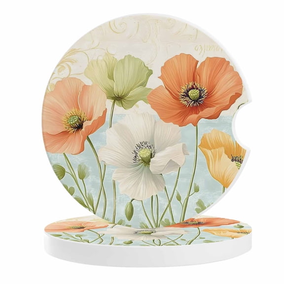 2 Pack Car Coasters Watercolor Poppies Ceramic Car Cup Holder Coaster Leaf Plant Absorbent Drink Coasters Protects Interior from Spills, Car Interior Accessories