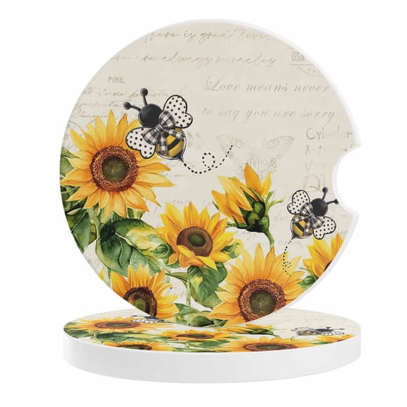 2 Pack Car Coasters Watercolor Sunflower Leaf Ceramic Car Cup Holder Coaster Spring Floral Retro Absorbent Drink Coasters Protects Interior from Spills, Car Interior Accessories
