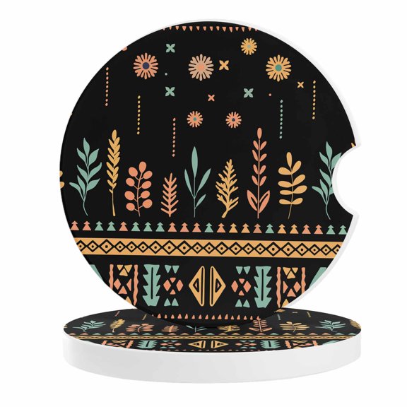 2 Pack Car Coasters Western Aztec Ceramic Car Cup Holder Coaster Black Ethnic Floral Grass Absorbent Drink Coasters Protects Interior from Spills, Car Interior Accessories