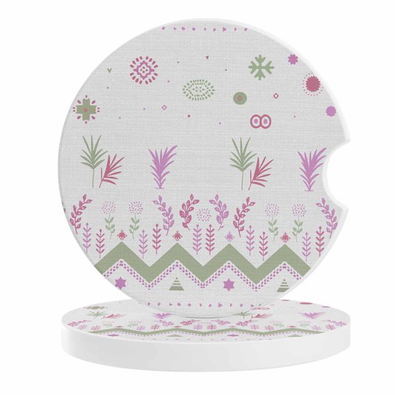 2 Pack Car Coasters Western Aztec Ceramic Car Cup Holder Coaster Gray Retro Ethnic Floral Plant Absorbent Drink Coasters Protects Interior from Spills, Car Interior Accessories