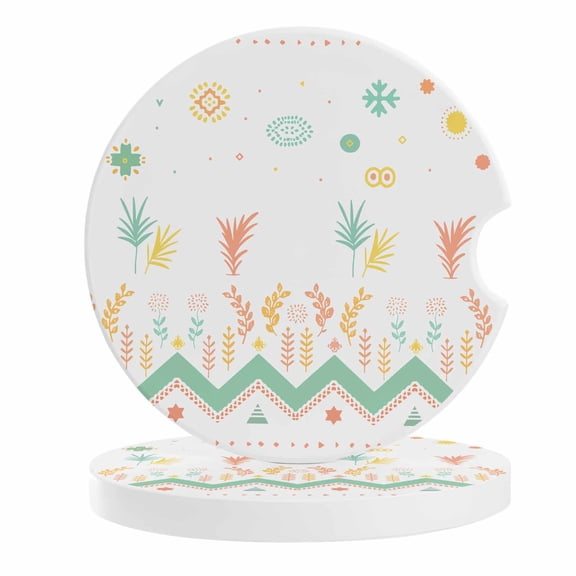 2 Pack Car Coasters Western Aztec Ceramic Car Cup Holder Coaster White Retro Ethnic Floral Plant Absorbent Drink Coasters Protects Interior from Spills, Car Interior Accessories