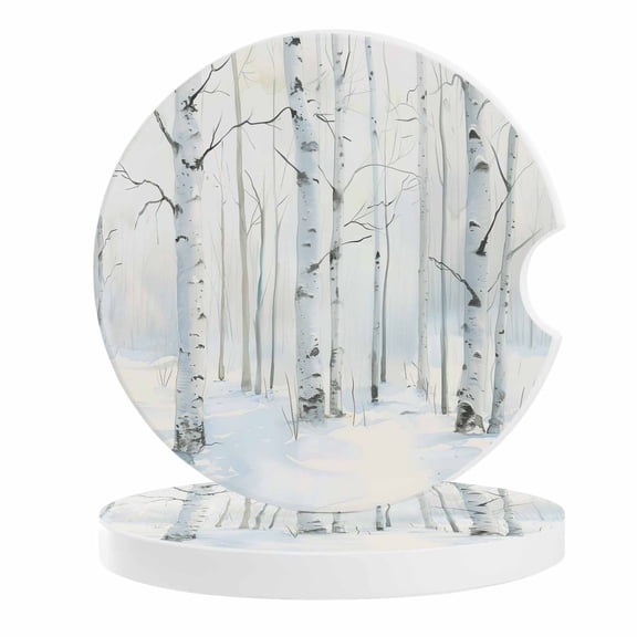 2 Pack Car Coasters Winter Forest Ceramic Car Cup Holder Coaster Birch Forest Tree Absorbent Drink Coasters Protects Interior from Spills, Car Interior Accessories