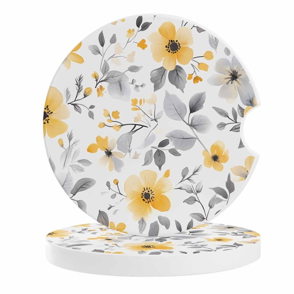 2 Pack Car Coasters Yellow Flowers Leaf Ceramic Car Cup Holder Coaster Gray Plant Absorbent Drink Coasters Protects Interior from Spills, Car Interior Accessories