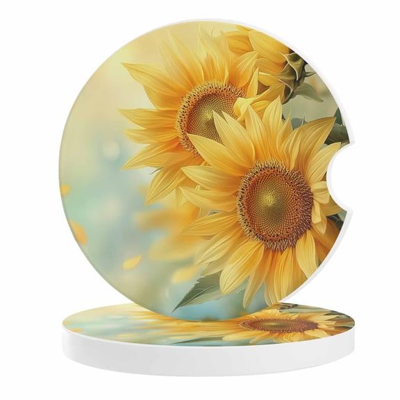 2 Pack Car Coasters Yellow Sunflower Ceramic Car Cup Holder Coaster Floral Absorbent Drink Coasters Protects Interior from Spills, Car Interior Accessories