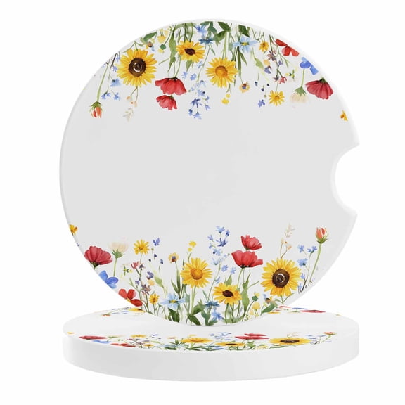 2 Pack Car Coasters Yellow Sunflower Ceramic Car Cup Holder Coaster Red Blue Flower Absorbent Drink Coasters Protects Interior from Spills, Car Interior Accessories