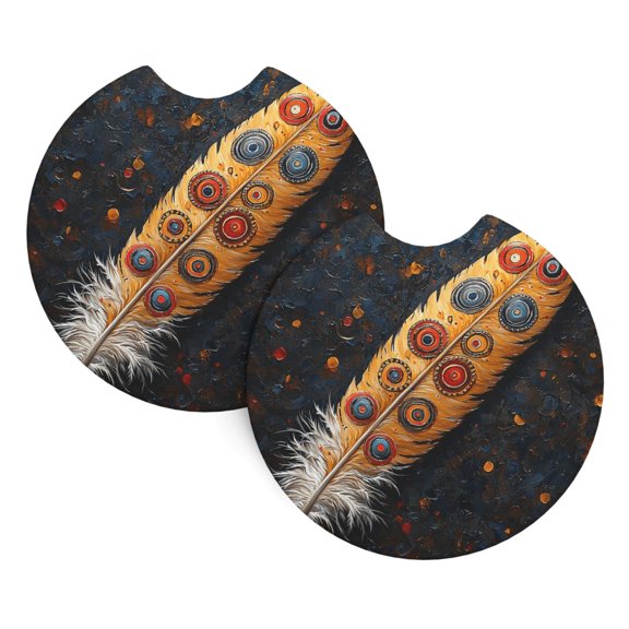 2-Pack Car Cup Holder Coasters, Car Interior Pads, Waterproof & Anti-Slip Automotive Accessories, Feather Native American
