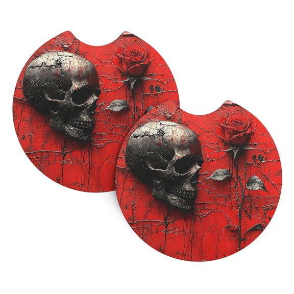 2-Pack Car Cup Holder Coasters, Car Interior Pads, Waterproof & Anti-Slip Automotive Accessories, Gothic Skull Rose Red