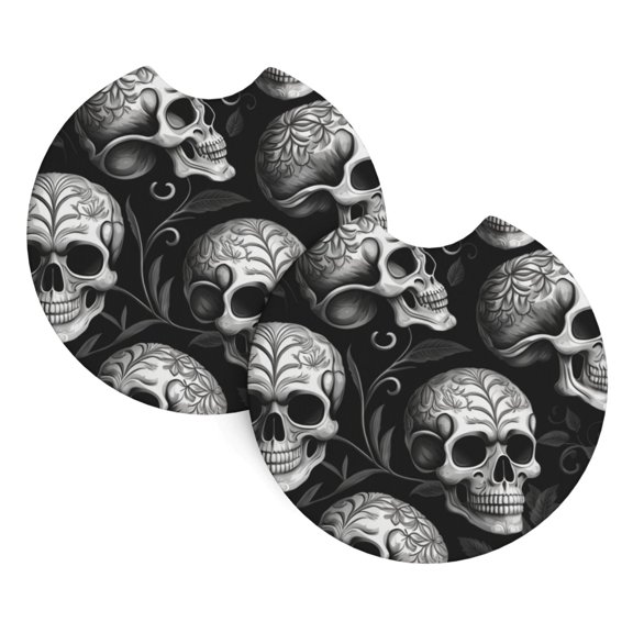 2-Pack Car Cup Holder Coasters, Car Interior Pads, Waterproof & Anti-Slip Automotive Accessories, Gothic Skulls Head Black Skull