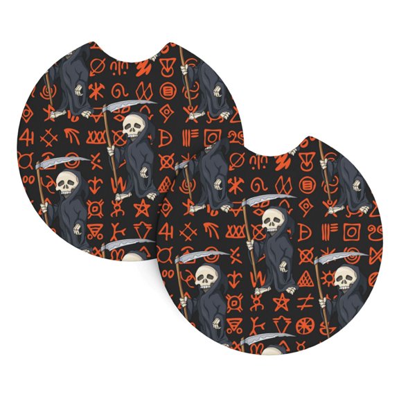 2-Pack Car Cup Holder Coasters, Car Interior Pads, Waterproof & Anti-Slip Automotive Accessories, Halloween Skull Reaper Scythe