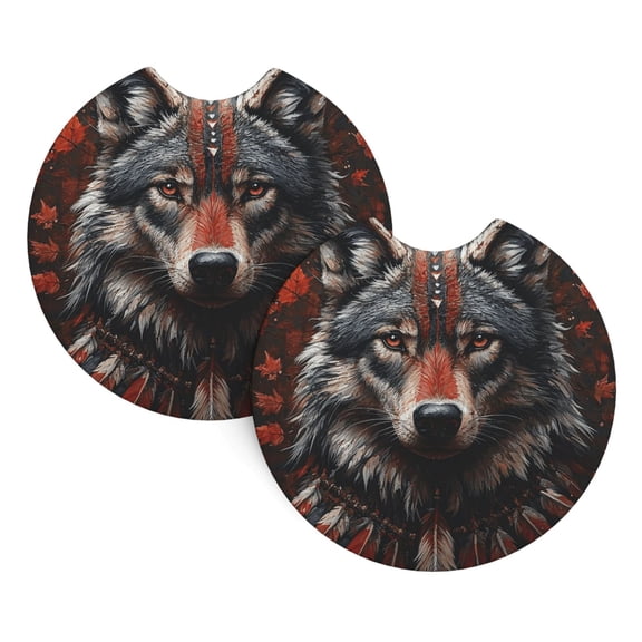 2-Pack Car Cup Holder Coasters, Car Interior Pads, Waterproof & Anti-Slip Automotive Accessories, Native American Wolf