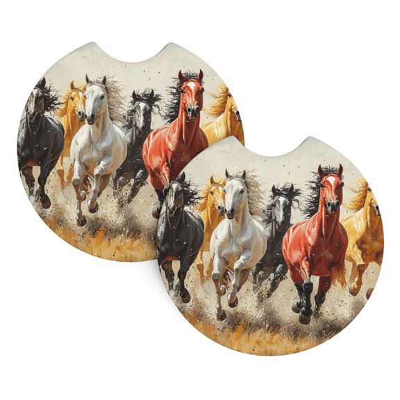 2-Pack Car Cup Holder Coasters, Car Interior Pads, Waterproof & Anti-Slip Automotive Accessories, Running Horses Vintage