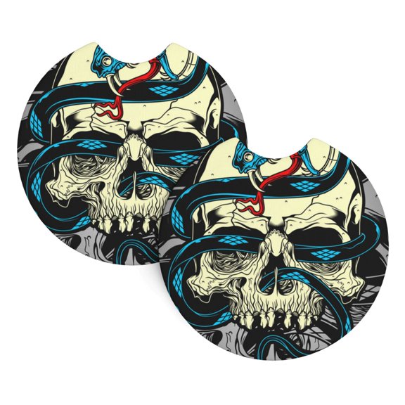 2-Pack Car Cup Holder Coasters, Car Interior Pads, Waterproof & Anti-Slip Automotive Accessories, Skull Head Snake