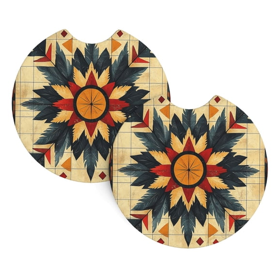 2-Pack Car Cup Holder Coasters, Car Interior Pads, Waterproof & Anti-Slip Automotive Accessories, Southwest Native Aztec Navajo Retro