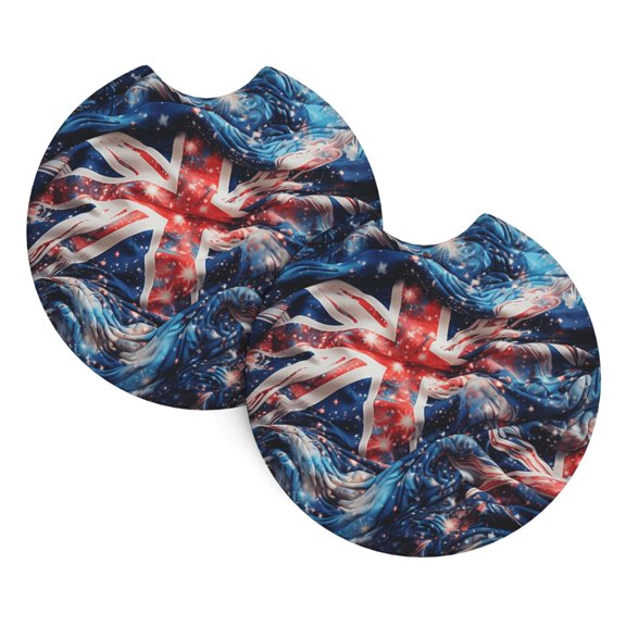2-Pack Car Cup Holder Coasters, Car Interior Pads, Waterproof & Anti-Slip Automotive Accessories, Union Jack United Kingdom Flag Starry