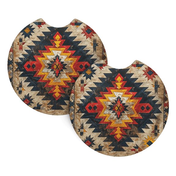 2-Pack Car Cup Holder Coasters, Car Interior Pads, Waterproof & Anti-Slip Automotive Accessories, Vintage Ethnic Aztec Native Southwest American