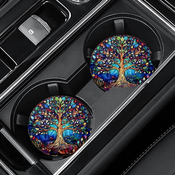 2 Pack Car Cup Holder Coasters, Tree of Life Printed Silicone Anti Slip Cup Mats, Waterproof Decorative Drink Coasters for Automotive Interior Cup Holders