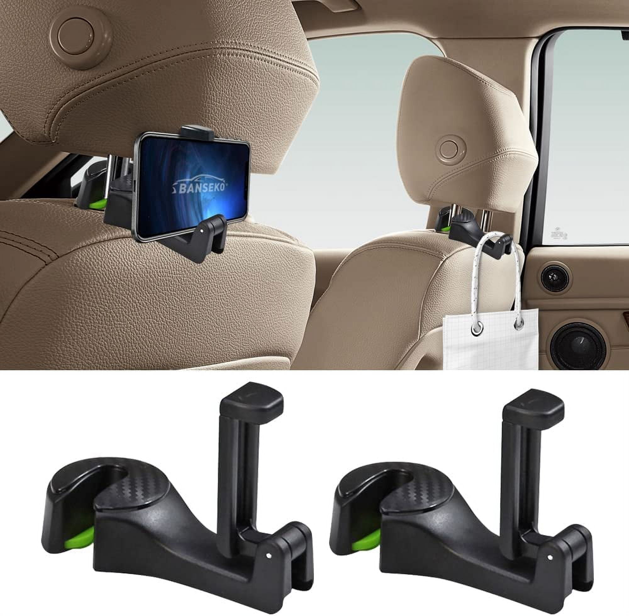 2 in 1 car headrest hidden hook with Cell Phone Holder, Car Back Seat Hook  Universal for Purses and Bags 360° Rotation Adjustable Hanger Rear Hook for