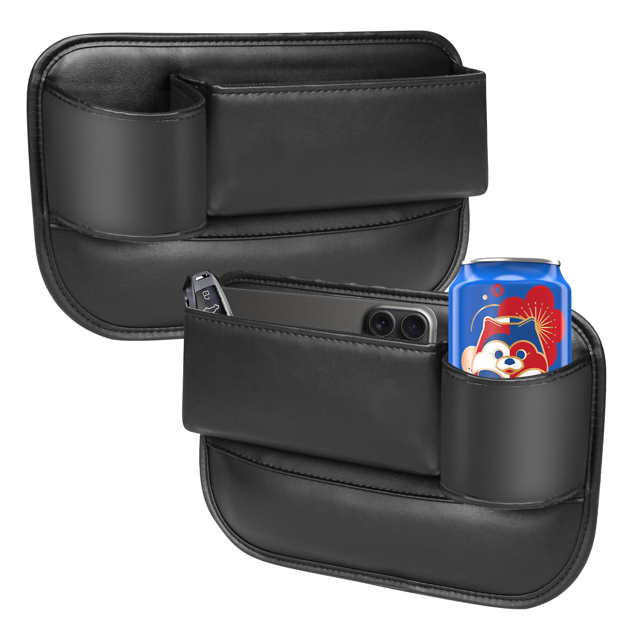 Car Seat Gap Organizer With Cup Holder – Leather Storage Bag For Phone, Glasses, Keys, Fits Most Cars (Black)