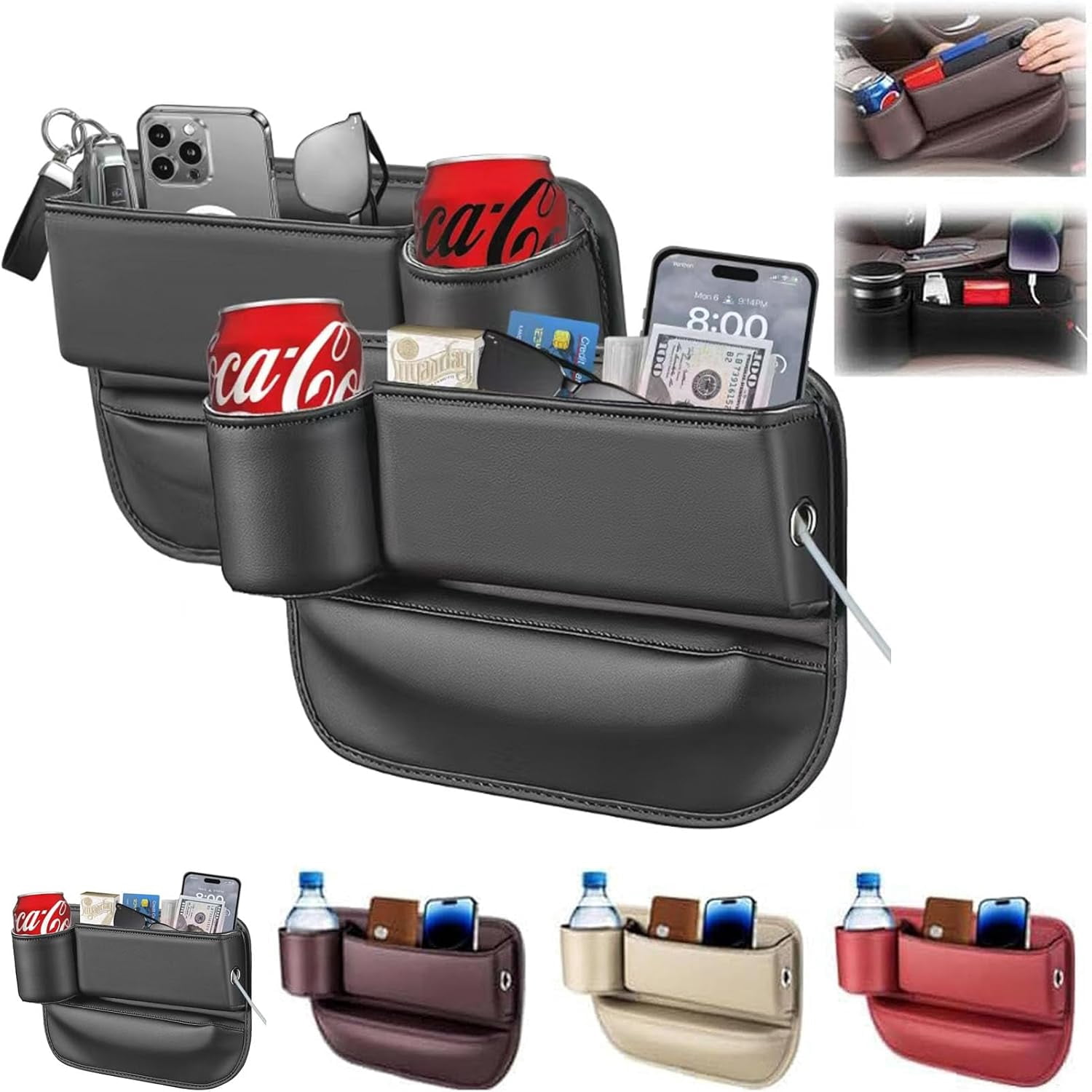 Car Seat Gap Filler Organizer - Vegan Leather Storage Box With Cup Holder For Phones, Cards & Small Items (2-Pack Black)