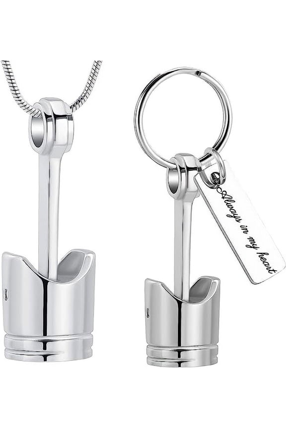 2 Pack Car Parts Cremation Jewelry Piston Urn Necklace + Urn Keychain Keyring for Men Piston Ashes Keepsake Memorial Jewelry