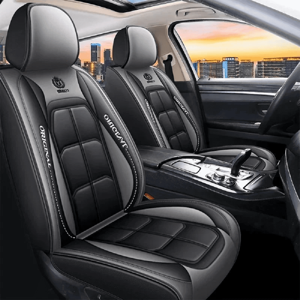 2 Pack Universal Fit Waterproof Faux Leather Car Seat Covers Set, Premium Protector for SUV and Truck in Black-Grey