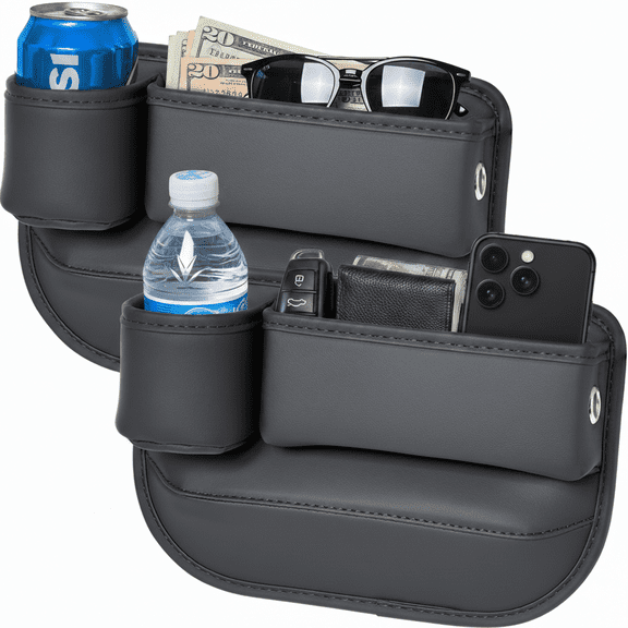 2-Pack Car Seat Gap Filler Organizer with Cup Holder - Premium Leather - Universal Fit - Keeps Cans/Phone/Keys/Wallets Organized