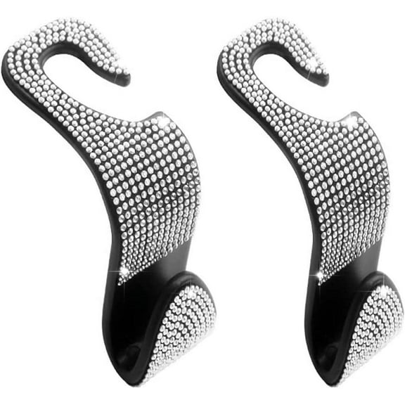 2 Pack Car Seat Headrest Hook, Bling Car Hooks Front Seat, Back Seat Organizer Hanger Storage Hook Car Purse Hook for Bags, Clothes, Coats, Grocery Bags (White)