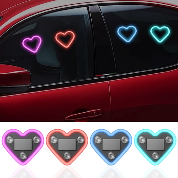 2 Pack Car Solar Window Peach Heart Light – Heart Shaped Neon Interior Light, Soft Eye-Friendly Glow, Suction Cup Mount, Waterproof, USB Charging Cable Included
