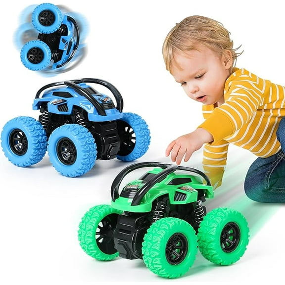 2 Pack Car Toys for 3 4 5 6 Year Old Boy Girl, Pull Back Cars Toys for Toddler Age 3-6, Monster Trucks Pull Back Vehicles Toys, 360° Rotating Stunt Car Toys for Kids Christmas Birthday Gifts