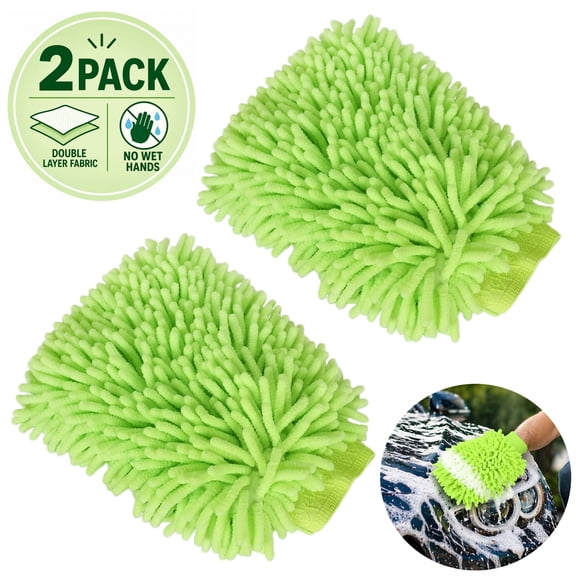2 Pack Car Wash Mitts – Double Layer Chenille Microfiber Wash Mitts, Waterproof, Keep Hands Dry, Scratch-Free & Lint-Free, Highly Absorbent Wash Mitts for Car Washing  & Home Cleaning, Green