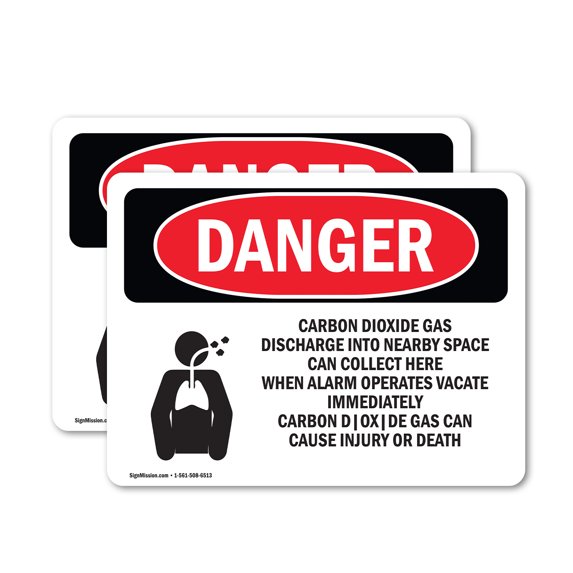(2 Pack) Carbon Dioxide Gas Discharge OSHA Danger Sign 18 Inch X 12 Inch Vinyl Label Decal Sticker Weather Resistant, UV Protected for Workplace, Business, and Construction Site, Made