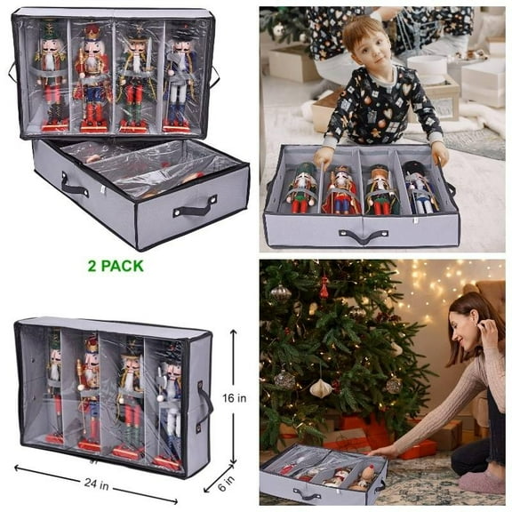 2 Pack Carbon Fiber Figurine Storage Box with Clear Lid & Adjustable Compartments - Holds 16" Tall Holiday Decorations, Nutcrackers & Collectibles - Durable Organizer for Display & Safe Storage
