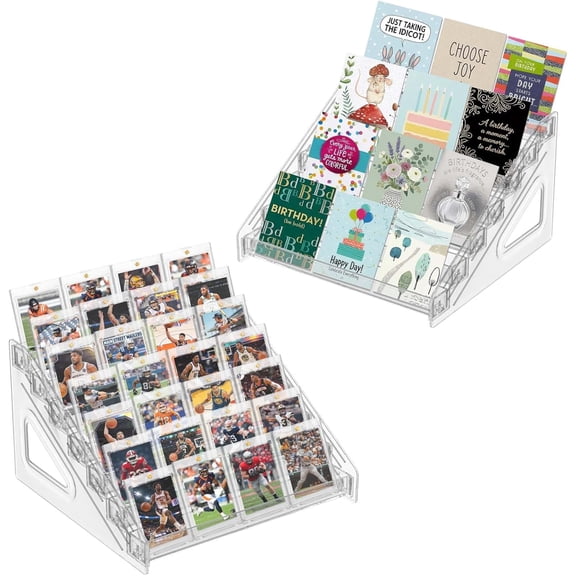 2 Pack Card Display Stand for Trading Card Greeting Card Display Stand, Versatile 7 Tier Figurine Crystal Display Shelf for Collectibles, Pops, PSA Cards, Sports Cards, Business Cards