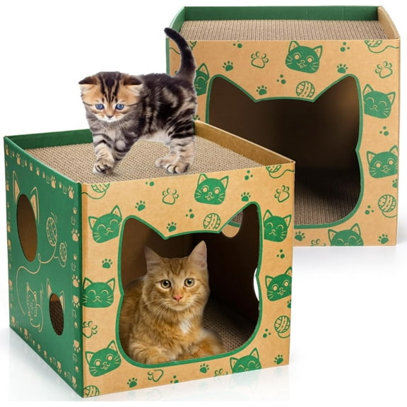 2 Pack Cardboard Cat Houses, Cat Play House with 2 PCS Scratching Pad, Corrugated Kitten Hideaway Cave, Cute Cats Condos Box, Cat Scratching Toy, Scratcher Bed for Indoor Cats, Kittens, Bunny
