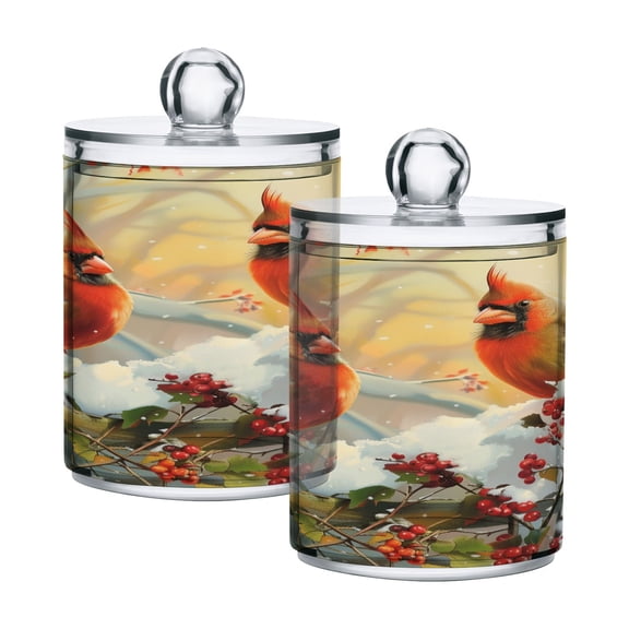 2 Pack Cardinals Bird on Garden Fence Qtip Holder Dispenser Clear Plastic Storage Apothecary Jars for Cotton Swabs Balls Pads Floss