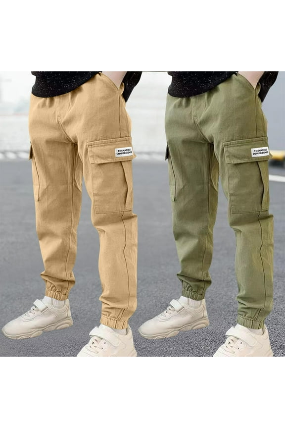 2 Pack Cargo Pants for Boys Size 10 Kids Cotton Parachute Pants Casual Elastic Waist Baggy Cargo Pants with Pockets Active Sweat Pants Teens Workout Joggers Pant Athletic Running Outdoor Sweatpants