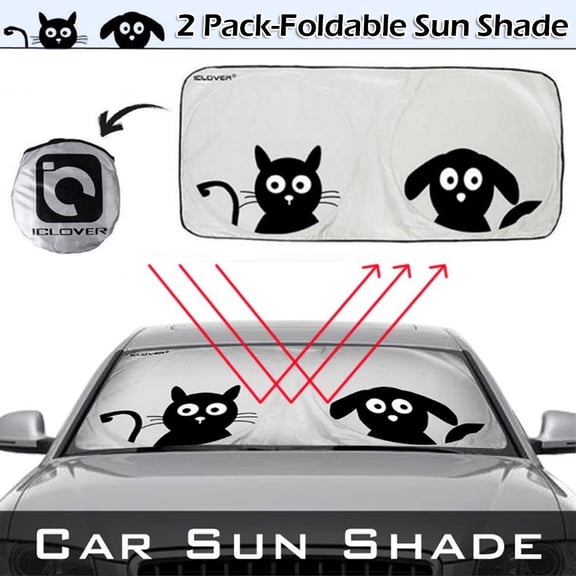 [2 Pack] Cartoon Car Sunshade Windshield, iClover Foldable Blocks Harmful UV Rays Sun Visor Protector with Cute Pet Design to Keep Your Vehicle Cool and Damage Free - (Standard 59"x33.5")