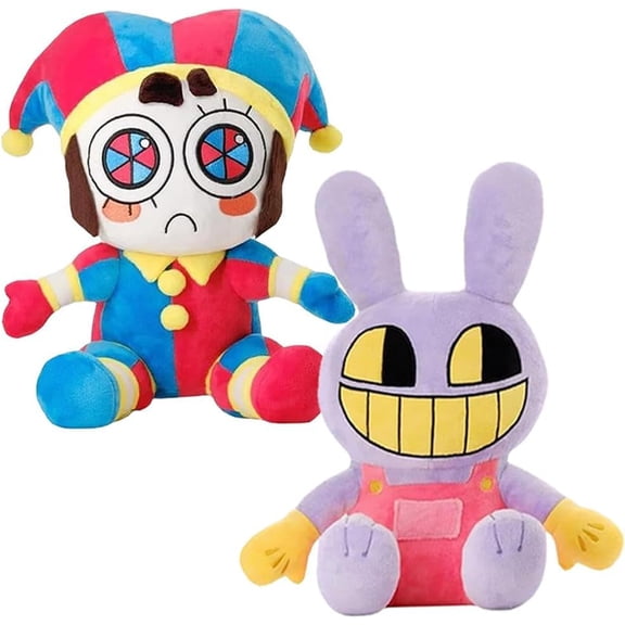 2 Pack Cartoon Character Stuffed Plush Set, Colorful Jester & Purple Bunny Soft Plush Dolls, Cute Game Themed Cuddle Toy Gift for Fans Birthday Holiday Present