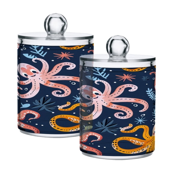 2 Pack Cartoon Funny Octopus Qtip Holder Dispenser Clear Plastic Storage Apothecary Jars for Cotton Swabs Balls Pads Floss