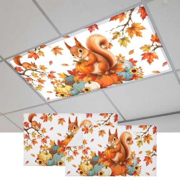 2 Pack Cartoon Red Squirrel Fluorescent Light Covers for Ceiling Lights Rustic Orange Green Pumpink Maple Tree Magnetic Ceiling Light Covers Overhead Light Filters for Office Classroom Home