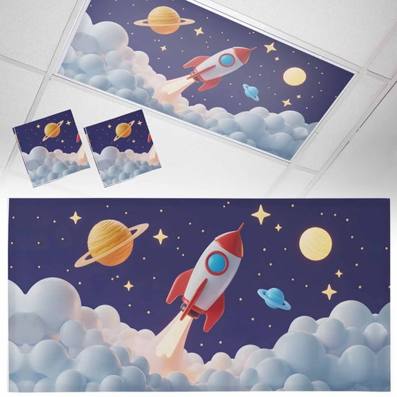 2 Pack Cartoon Rocket Fluorescent Light Covers for Ceiling Lights Cloud Space Stars Cute Planet Classic Magnetic Ceiling Light Covers Overhead Light Filters for Office Classroom Home