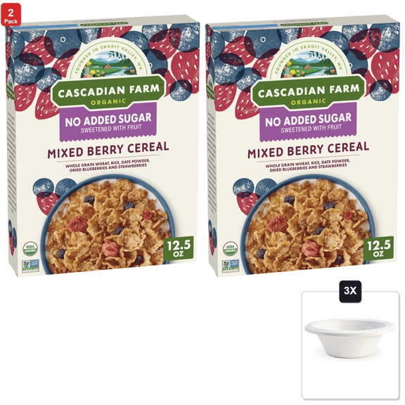 2 Pack | Cascadian Farm Organic Mixed Berry Cereal, 12.5 oz & 3x 12oz Disposable Plastic Bowl