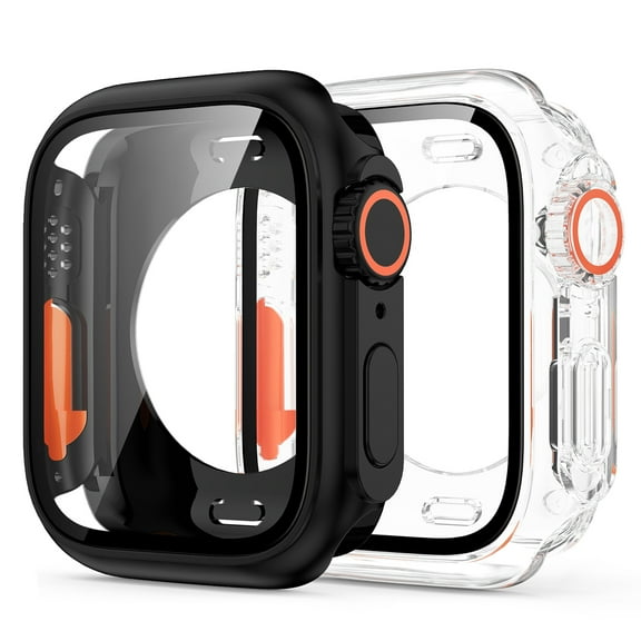 2 Pack Case for Apple Watch Series 11 Series 10 42mm, Build-in Tempered Glass Screen Protector Rugged Support Wireless Charging Shockproof Dustproof Full Body Protective Case, Clear+Black