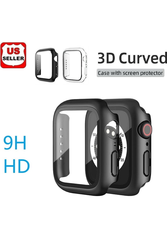 2 Pack Case Built in Tempered Glass Screen Protector Compatible with Apple Watch Series 8/ Series 7 45mm, Hard PC Case Ultra-Thin Bumper Overall Protective Cover- Black