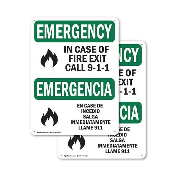 (2 Pack) In Case Of Fire Exit Call 9-1-1 Bilingual OSHA Emergency Sign 10 Inch X 14 Inch Plastic Sign, Weather Resistant, UV Protected for Workplace, Business, and Construction Site,