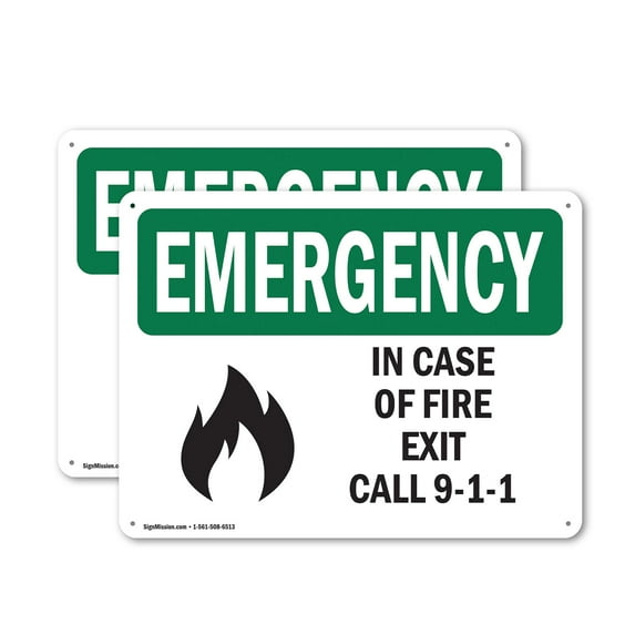 (2 Pack) In Case Of Fire Exit Call 9-1-1 OSHA Emergency Sign 10 Inch X 7 Inch Indoor / Outdoor Rust-Free Aluminum Metal Signs for Workplace, Workshop, and Construction Site, Made in the