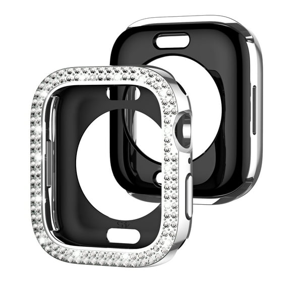 2 Pack Case for iWatch Series 10 42mm, Bling Sparkly Diamond Rhinestones Support Wireless Charging No Screen Protective Heavy Duty Protection for Apple Watch Series 10 42mm, Clear+Balck